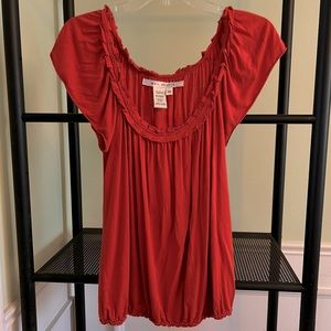 Burnt orange XS Max Studio flutter sleeve elastic banded pleated scoop neck top
